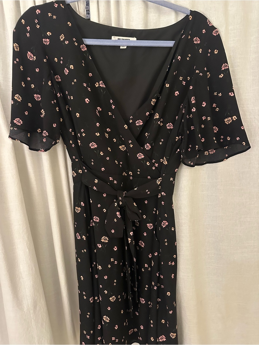 BB Dakota Black Floral Wrap mini dress with Pink Ditsy Print